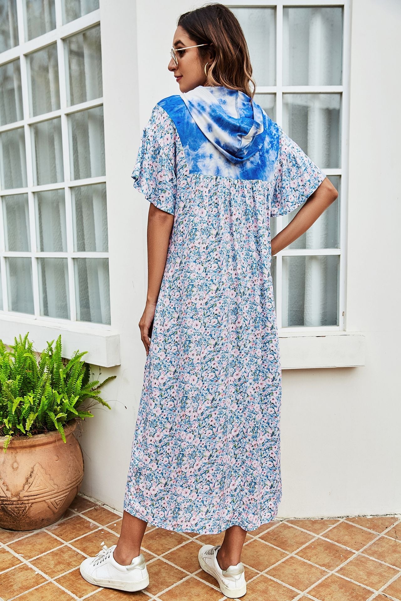 Tie - Dye Floral Flutter Sleeve Hooded Dress - Dress - Blue - Bella Bourget