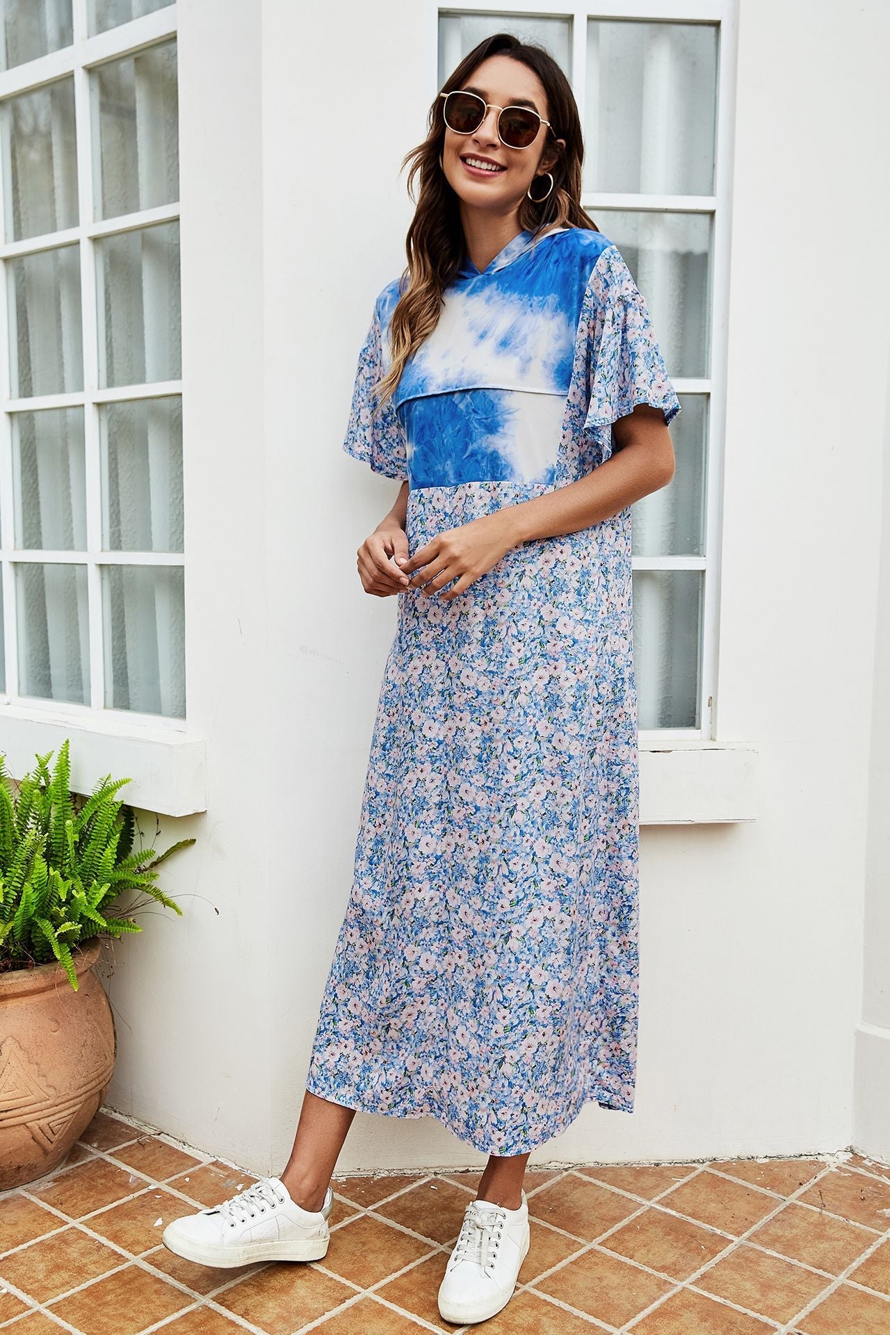 Tie - Dye Floral Flutter Sleeve Hooded Dress - Dress - Blue - Bella Bourget