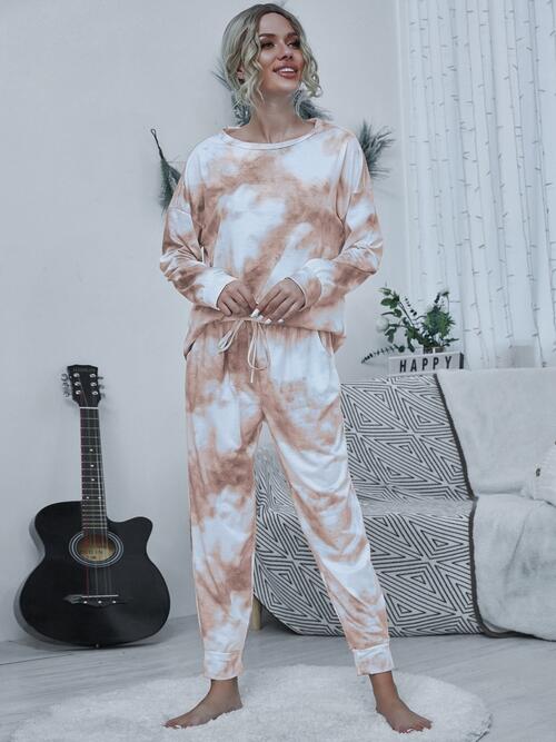 Tie - dye Round Neck Top and Drawstring Pants Lounge Set - Loungewear Set - Pastel Yellow - Bella Bourget