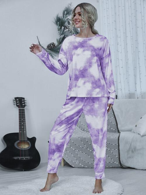 Tie - dye Round Neck Top and Drawstring Pants Lounge Set - Loungewear Set - Lavender - Bella Bourget