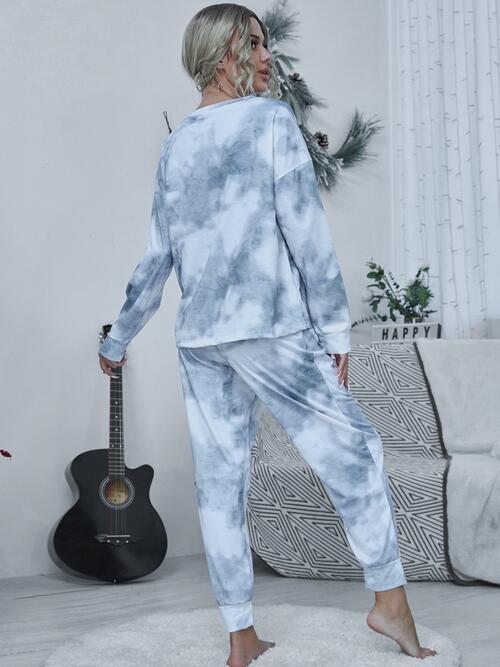 Tie - dye Round Neck Top and Drawstring Pants Lounge Set - Loungewear Set - Cloudy Blue - Bella Bourget