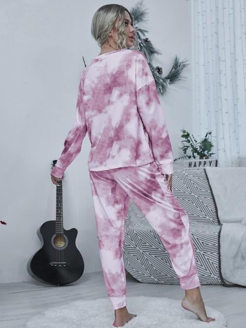 Tie - dye Round Neck Top and Drawstring Pants Lounge Set - Loungewear Set - Carnation Pink - Bella Bourget