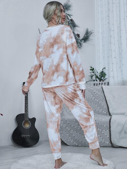 Tie - dye Round Neck Top and Drawstring Pants Lounge Set - Loungewear Set - Pastel Yellow - Bella Bourget