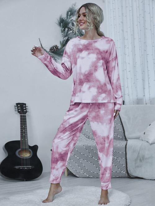 Tie - dye Round Neck Top and Drawstring Pants Lounge Set - Loungewear Set - Carnation Pink - Bella Bourget