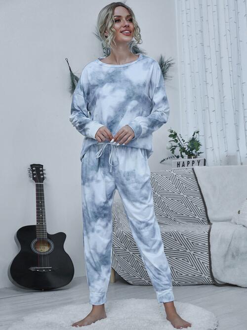 Tie - dye Round Neck Top and Drawstring Pants Lounge Set - Loungewear Set - Cloudy Blue - Bella Bourget