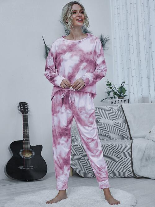 Tie - dye Round Neck Top and Drawstring Pants Lounge Set - Loungewear Set - Carnation Pink - Bella Bourget