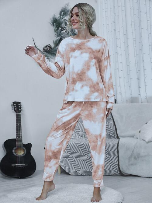 Tie - dye Round Neck Top and Drawstring Pants Lounge Set - Loungewear Set - Pastel Yellow - Bella Bourget