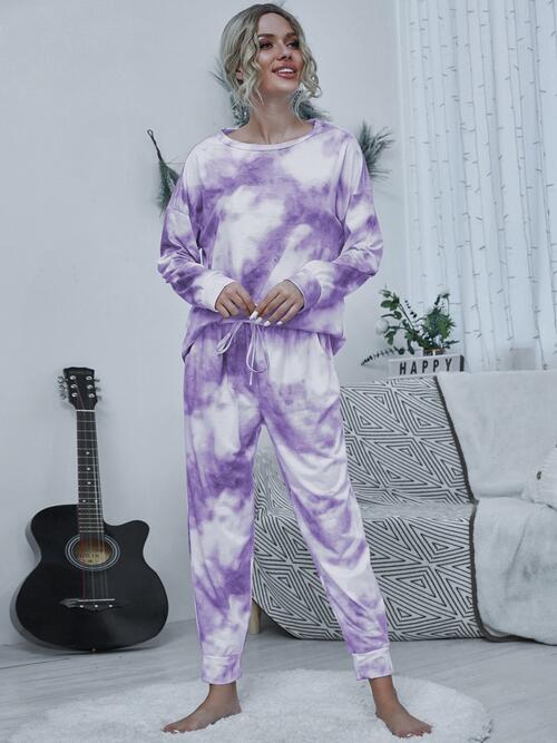 Tie - dye Round Neck Top and Drawstring Pants Lounge Set - Loungewear Set - Lavender - Bella Bourget