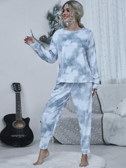 Tie - dye Round Neck Top and Drawstring Pants Lounge Set - Loungewear Set - Cloudy Blue - Bella Bourget