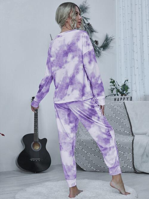 Tie - dye Round Neck Top and Drawstring Pants Lounge Set - Loungewear Set - Lavender - Bella Bourget