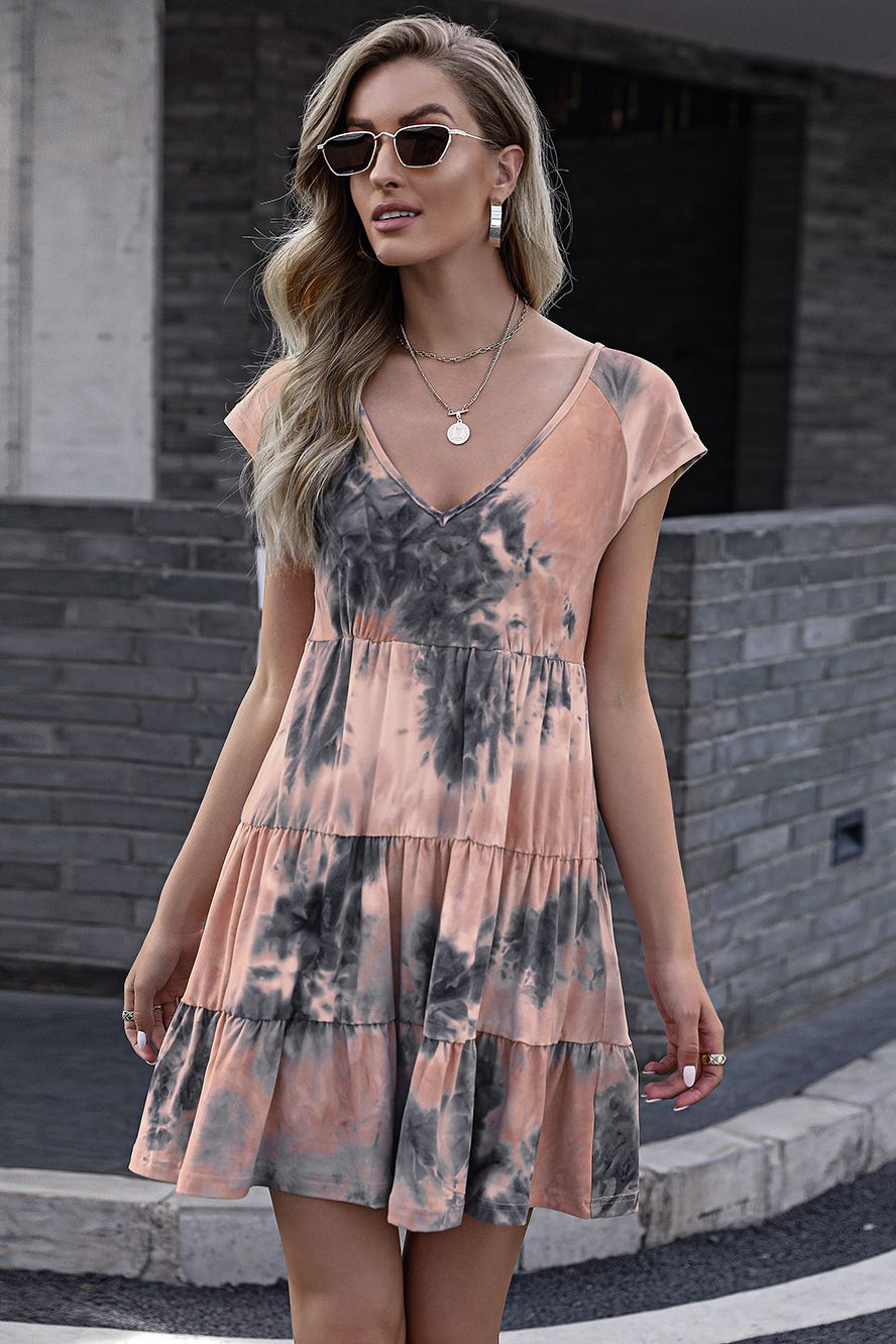 Tie - Dye Ruffle Hem Dress - Dress - Apricot/Gray - Bella Bourget