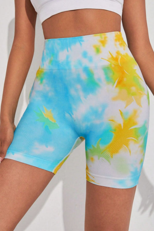 Tie - Dye Wide Waistband Sports Shorts - Active Bottoms - Pastel Blue - Bella Bourget