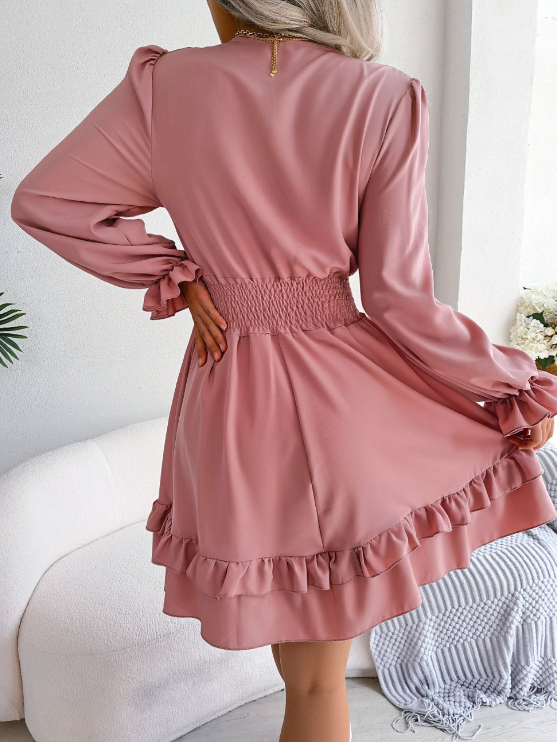 Tie Front Smocked Waist Flounce Sleeve Dress - Dress - Pink - Bella Bourget