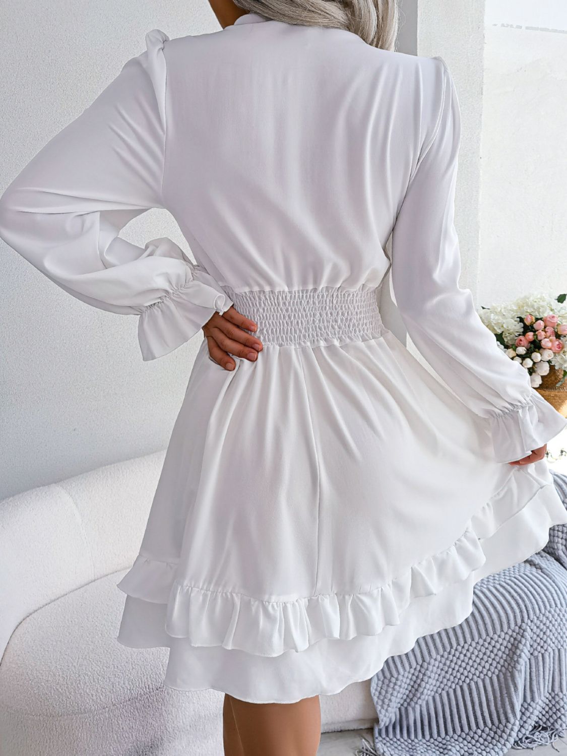 Tie Front Smocked Waist Flounce Sleeve Dress - Dress - White - Bella Bourget