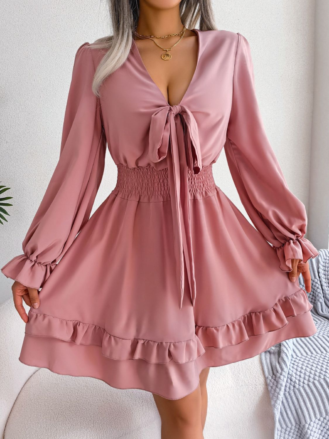 Tie Front Smocked Waist Flounce Sleeve Dress - Dress - Pink - Bella Bourget