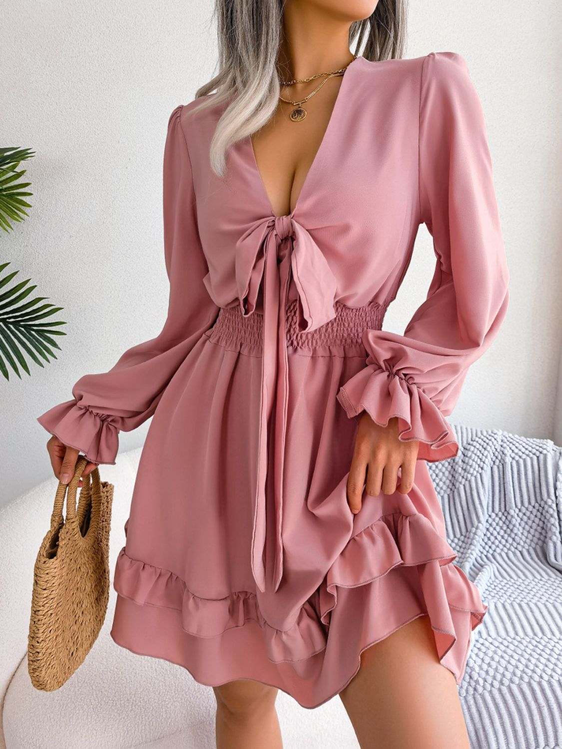 Tie Front Smocked Waist Flounce Sleeve Dress - Dress - Pink - Bella Bourget