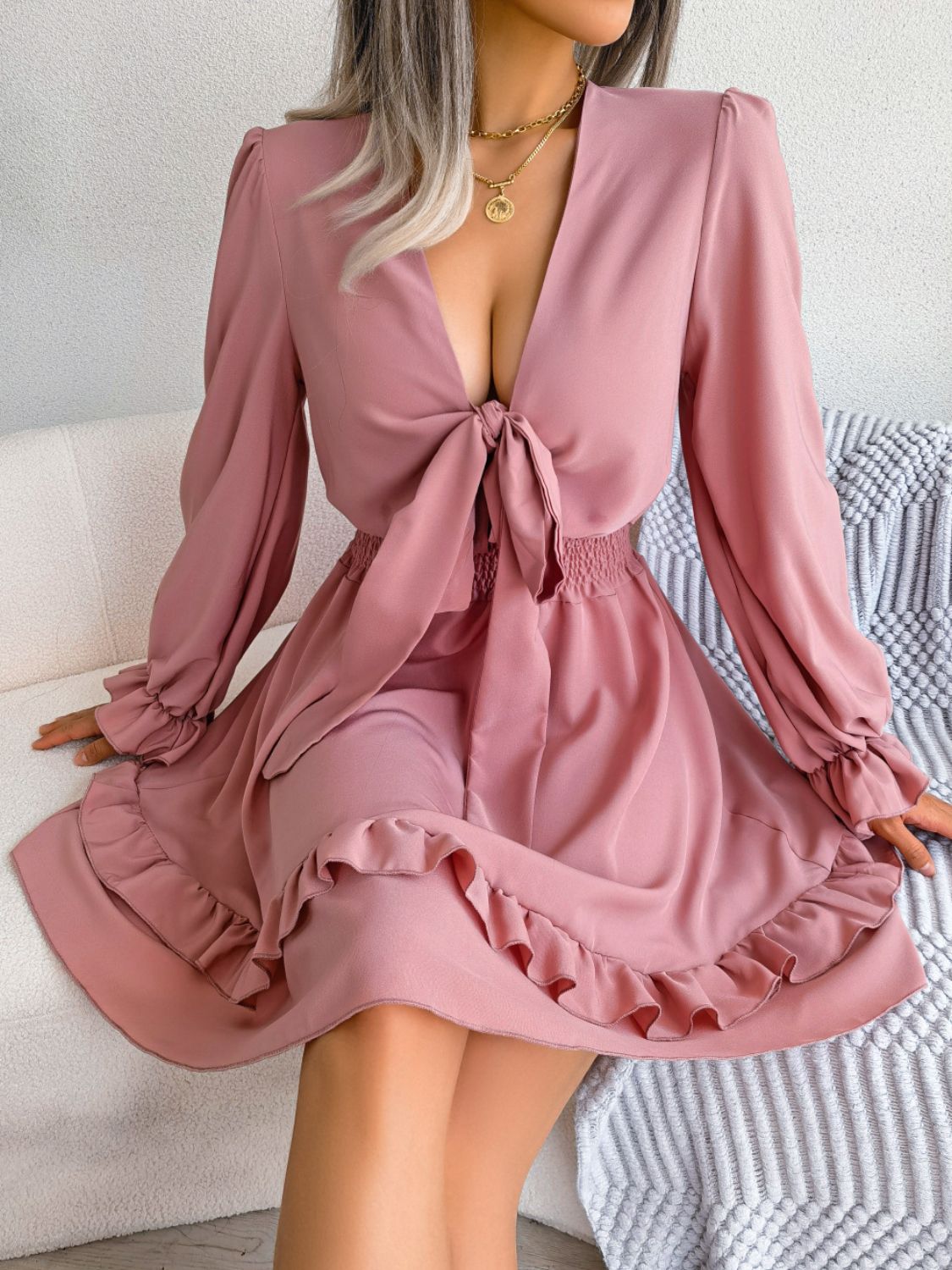 Tie Front Smocked Waist Flounce Sleeve Dress - Dress - Pink - Bella Bourget