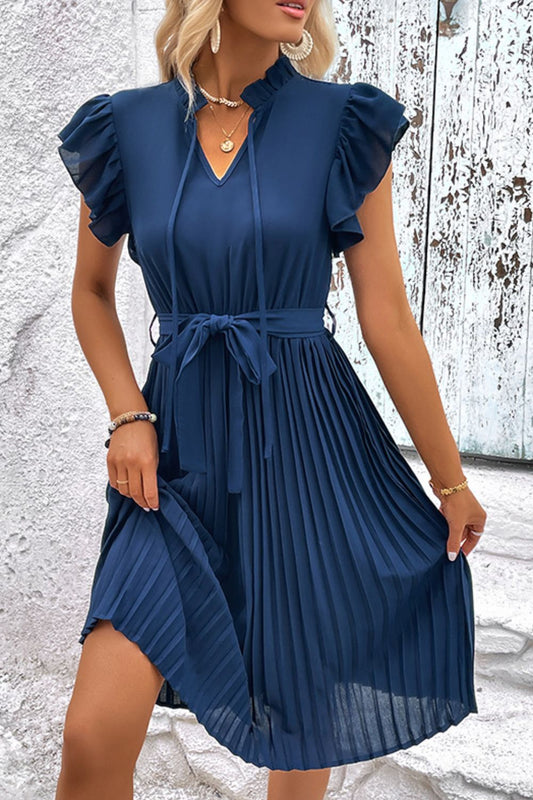 Tie Neck Belted Pleated Dress - Dress - French Blue - Bella Bourget