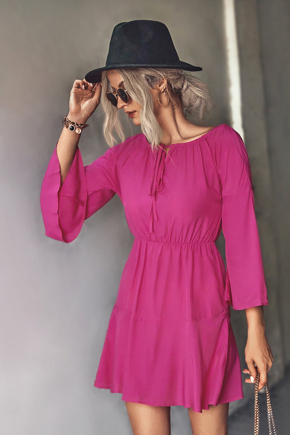 Tie Neck Flare Sleeve Mini Dress - Dress - Hot Pink - Bella Bourget