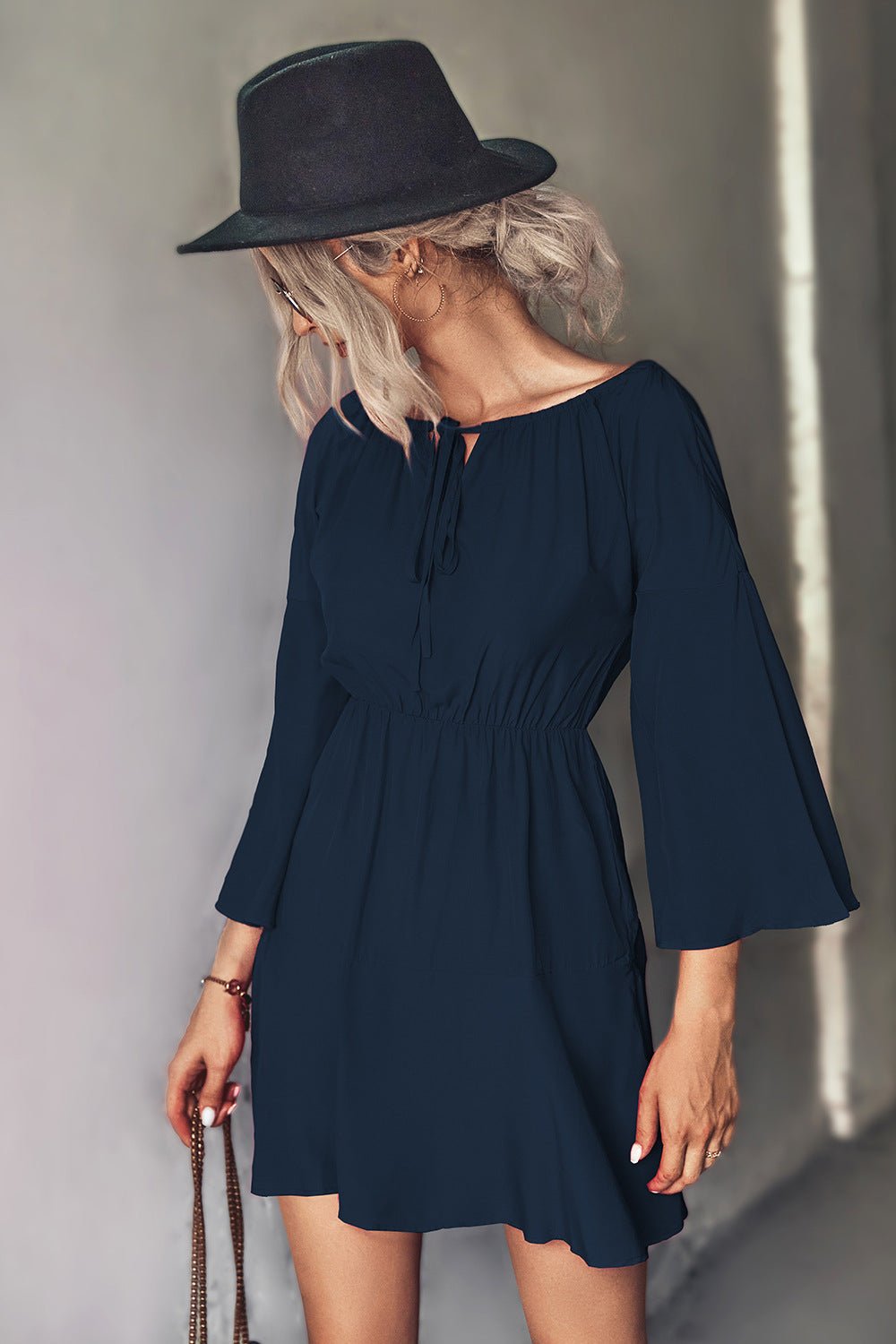 Tie Neck Flare Sleeve Mini Dress - Dress - Dark Navy - Bella Bourget