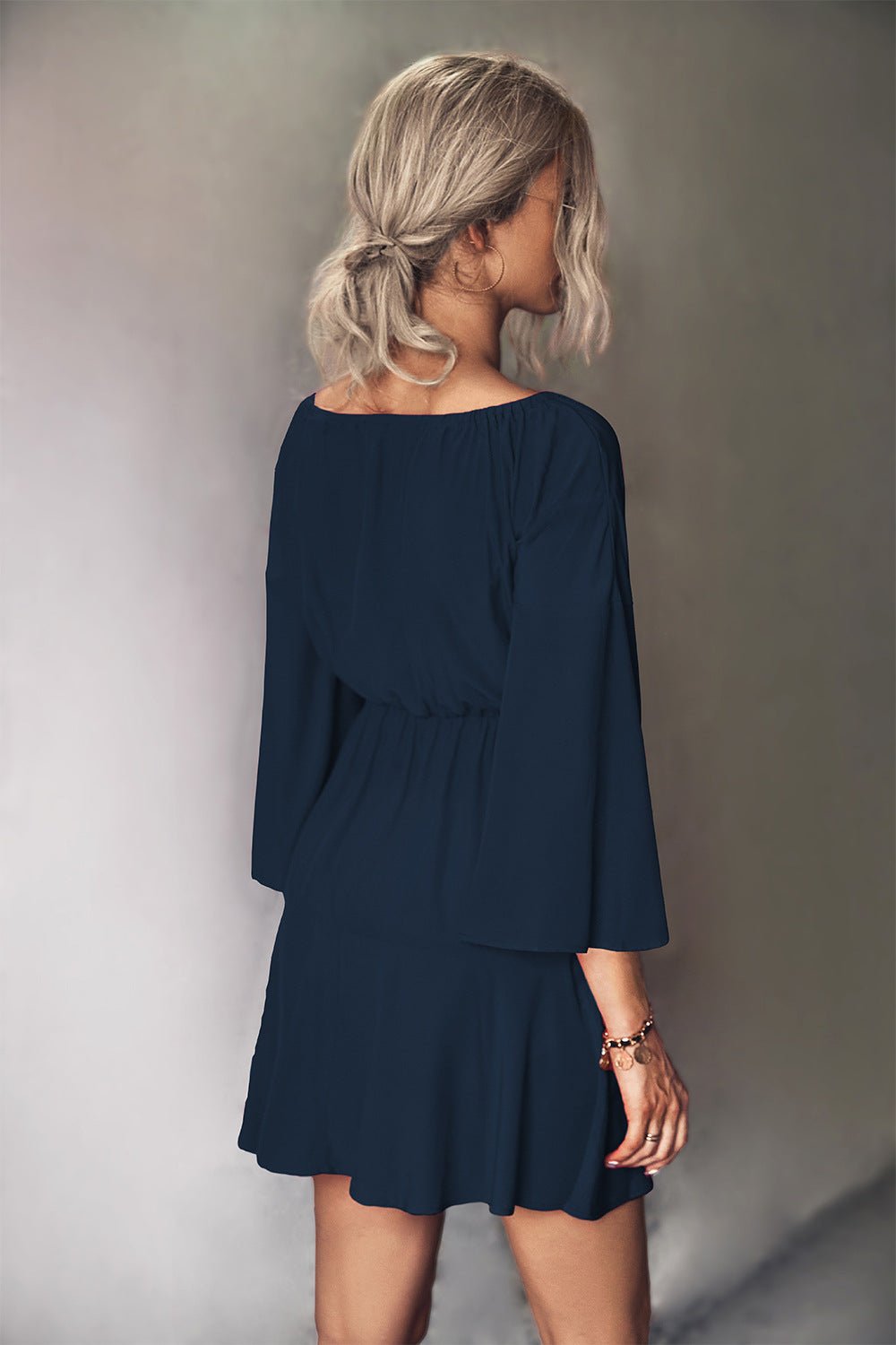 Tie Neck Flare Sleeve Mini Dress - Dress - Dark Navy - Bella Bourget