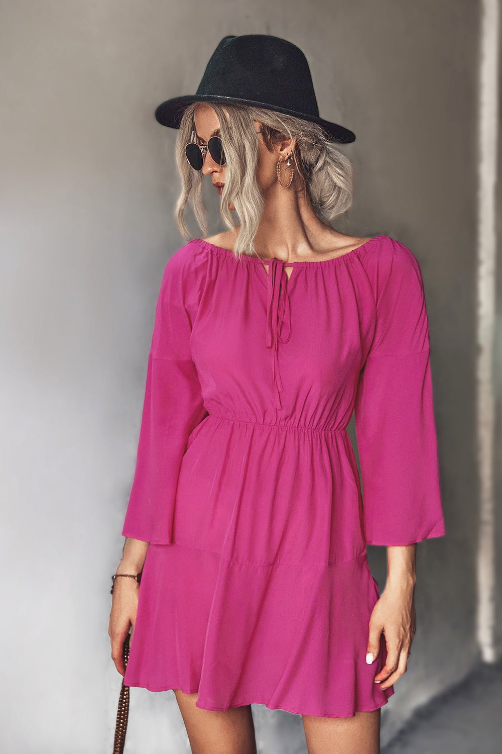 Tie Neck Flare Sleeve Mini Dress - Dress - Hot Pink - Bella Bourget