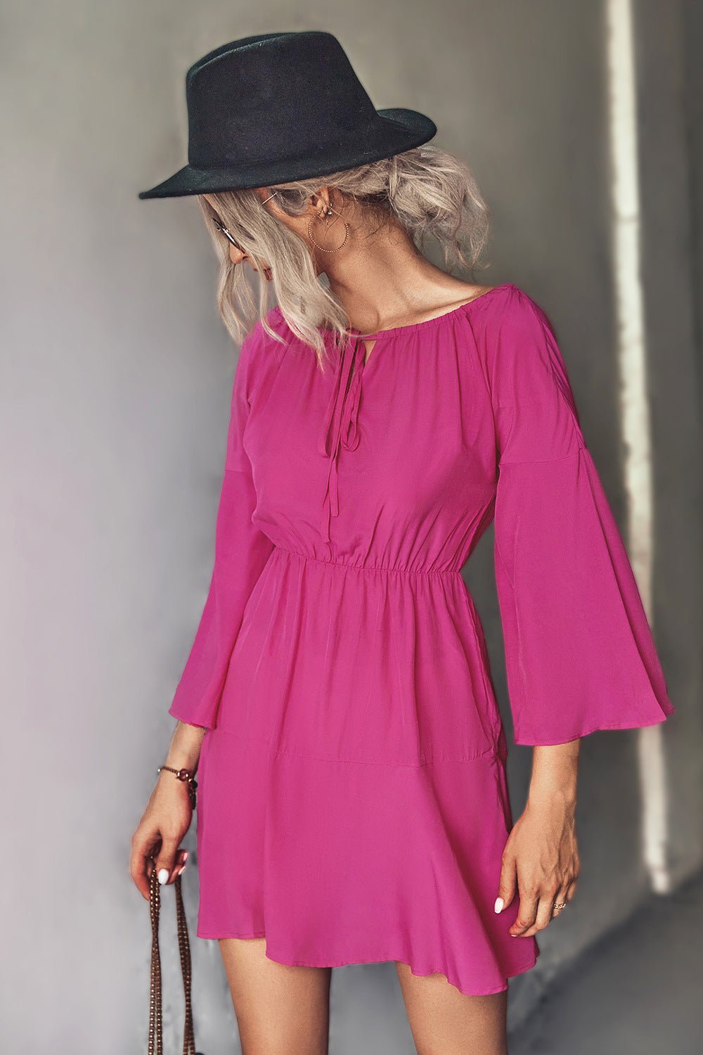 Tie Neck Flare Sleeve Mini Dress - Dress - Hot Pink - Bella Bourget