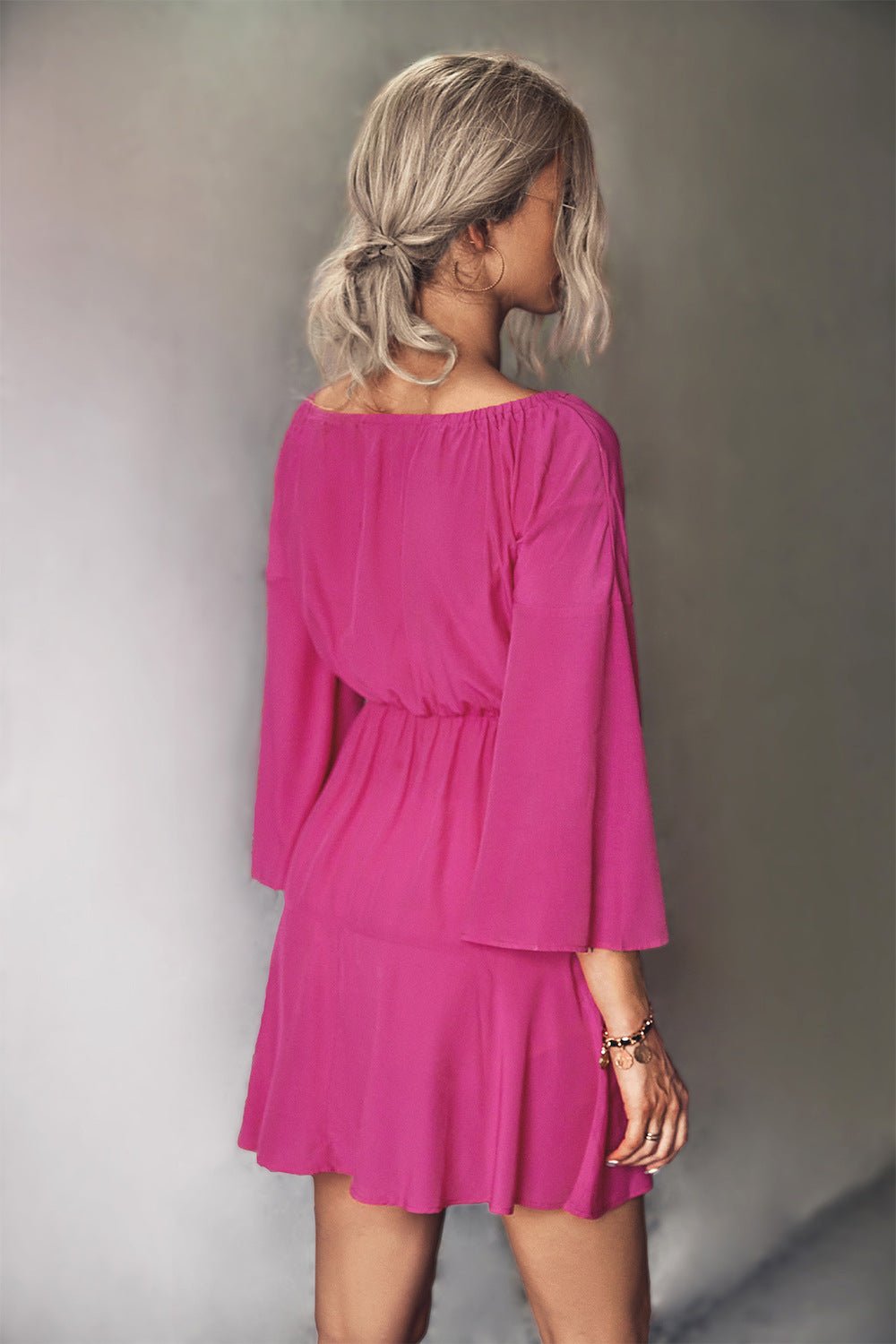 Tie Neck Flare Sleeve Mini Dress - Dress - Hot Pink - Bella Bourget