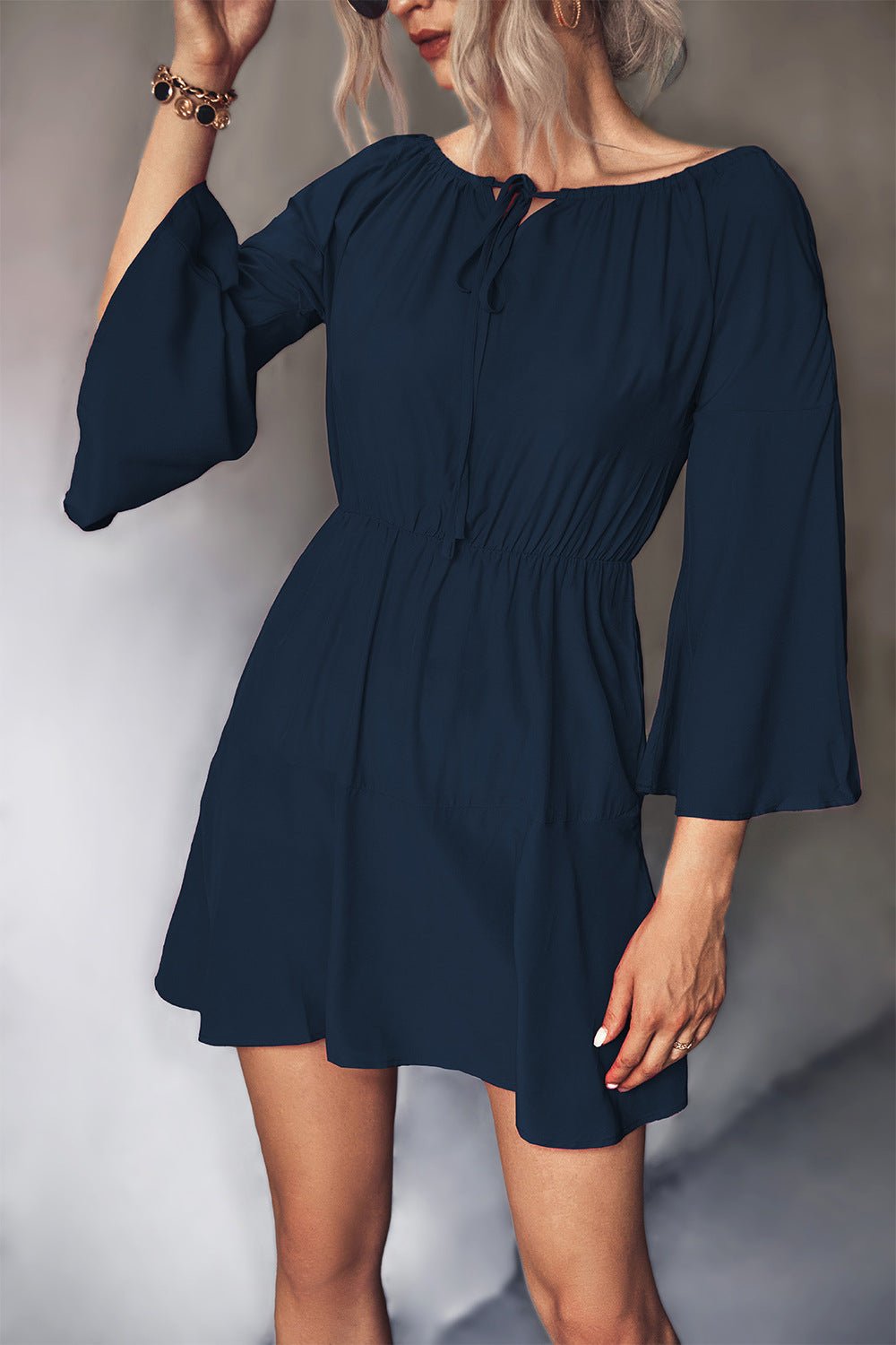 Tie Neck Flare Sleeve Mini Dress - Dress - Dark Navy - Bella Bourget