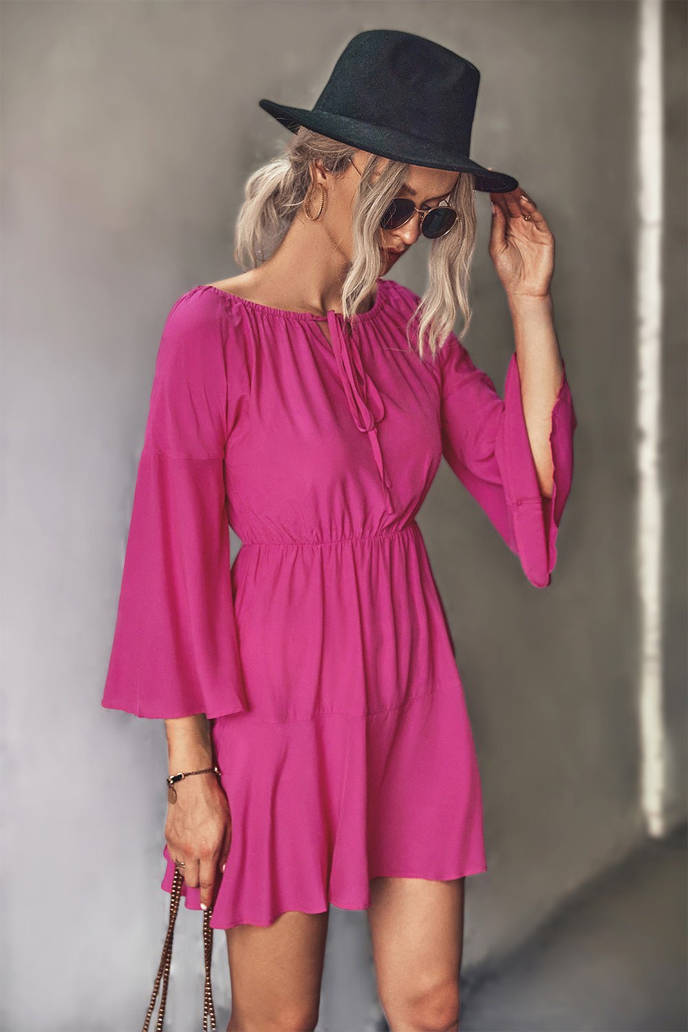 Tie Neck Flare Sleeve Mini Dress - Dress - Hot Pink - Bella Bourget