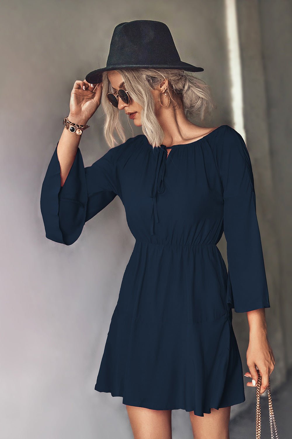 Tie Neck Flare Sleeve Mini Dress - Dress - Dark Navy - Bella Bourget