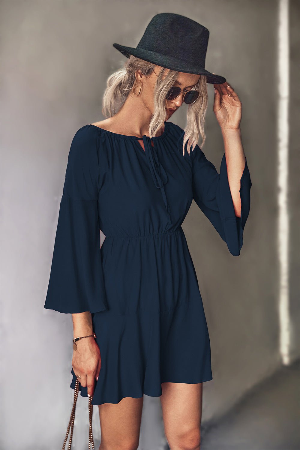 Tie Neck Flare Sleeve Mini Dress - Dress - Dark Navy - Bella Bourget