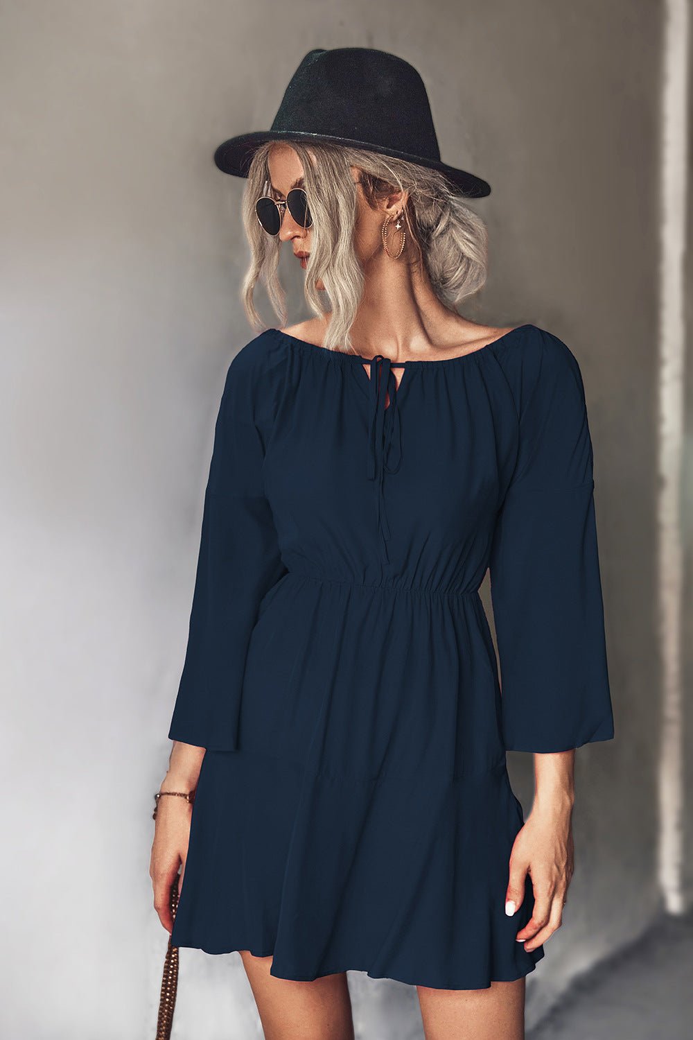 Tie Neck Flare Sleeve Mini Dress - Dress - Dark Navy - Bella Bourget