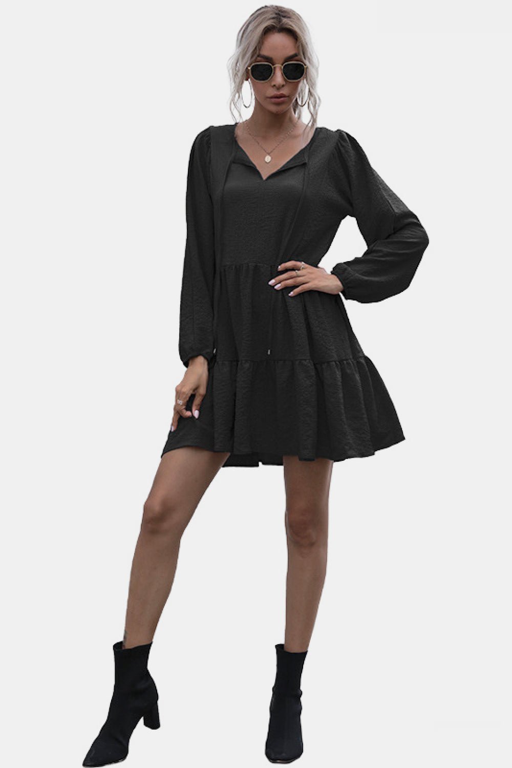 Tie Neck Ruffle Hem Dress - Dress - Black - Bella Bourget