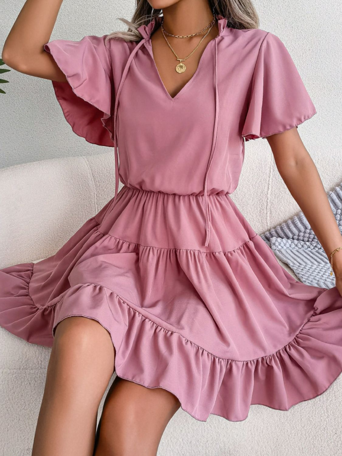 Tie Neck Tiered Flutter Sleeve Mini Dress - Dress - Pink - Bella Bourget