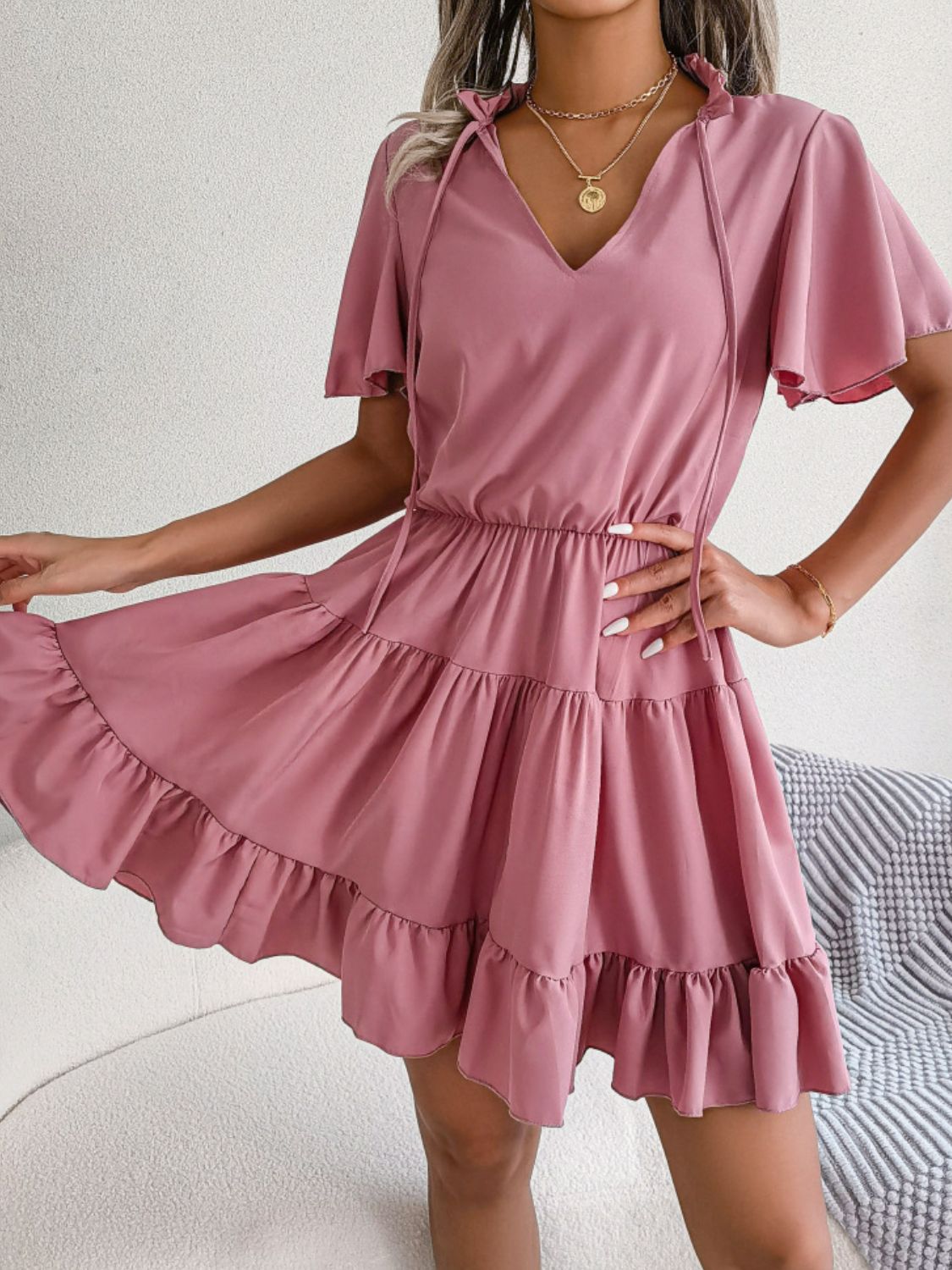 Tie Neck Tiered Flutter Sleeve Mini Dress - Dress - Pink - Bella Bourget