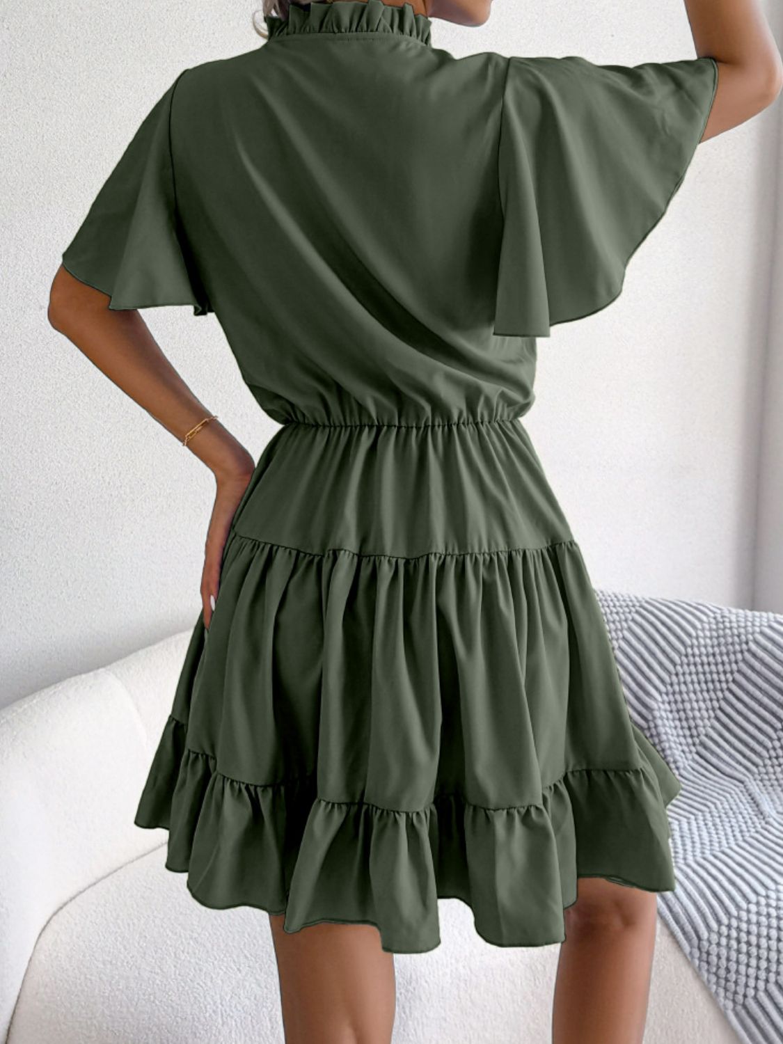 Tie Neck Tiered Flutter Sleeve Mini Dress - Dress - Olive - Bella Bourget