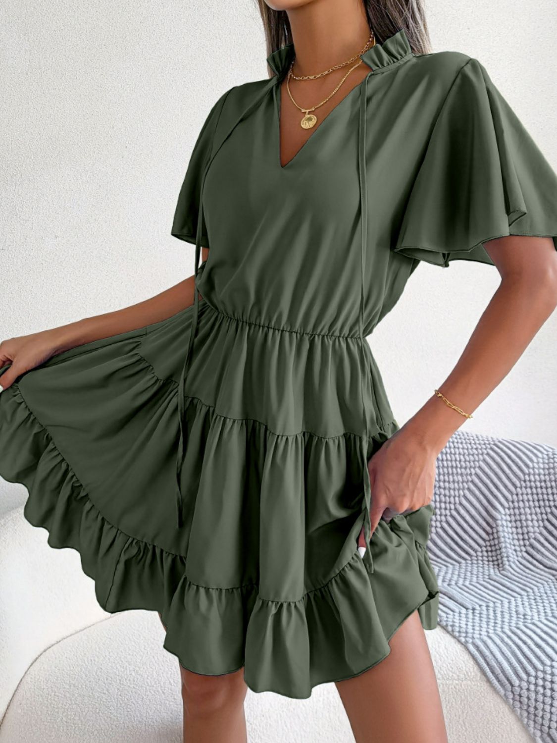 Tie Neck Tiered Flutter Sleeve Mini Dress - Dress - Olive - Bella Bourget