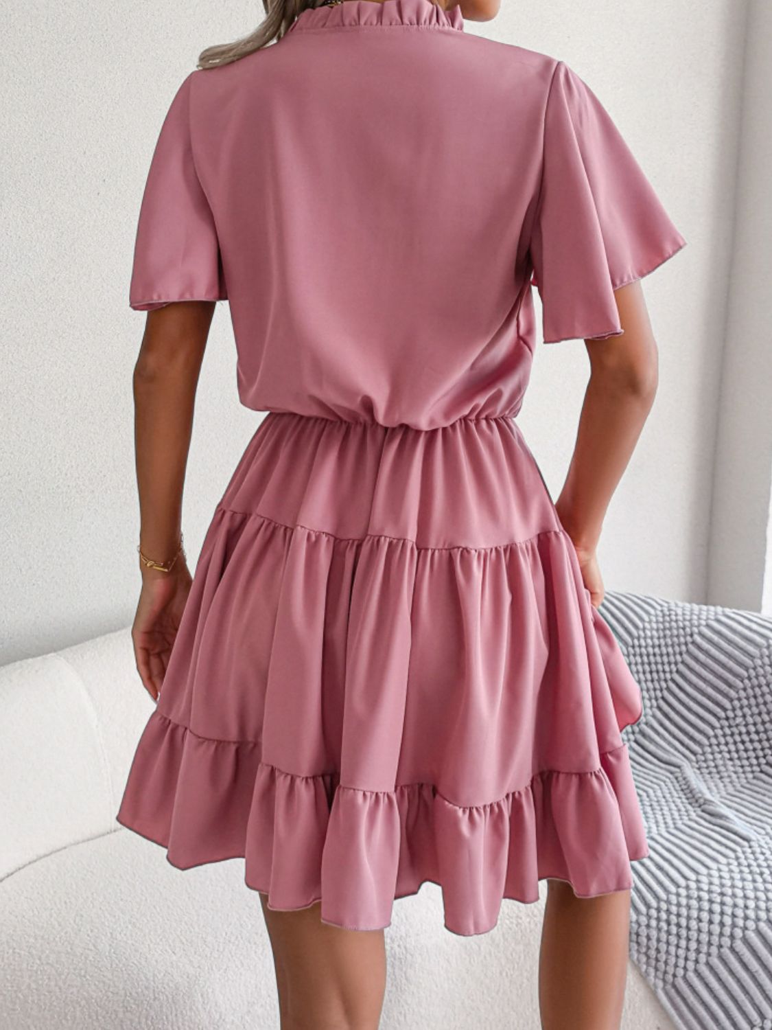 Tie Neck Tiered Flutter Sleeve Mini Dress - Dress - Pink - Bella Bourget