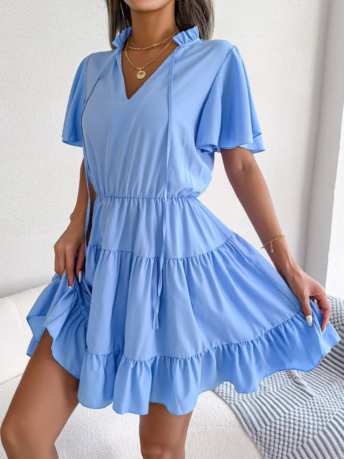 Tie Neck Tiered Flutter Sleeve Mini Dress - Dress - Blue - Bella Bourget