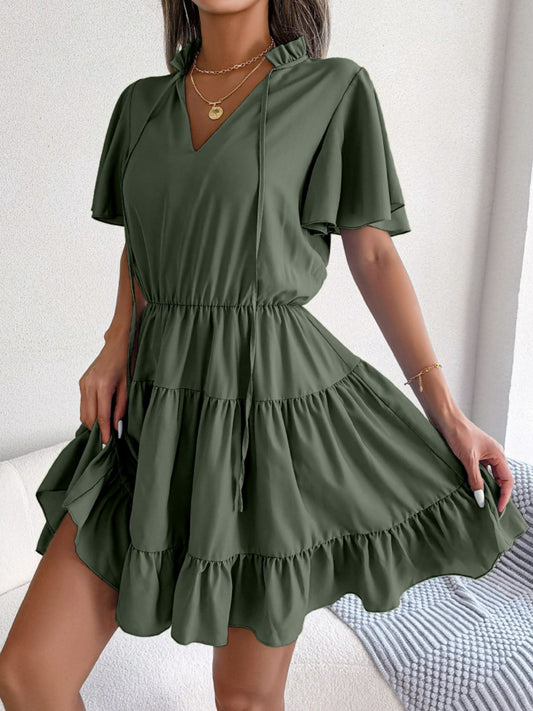 Tie Neck Tiered Flutter Sleeve Mini Dress - Dress - Olive - Bella Bourget