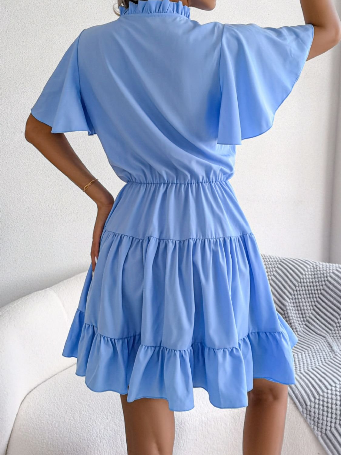 Tie Neck Tiered Flutter Sleeve Mini Dress - Dress - Blue - Bella Bourget