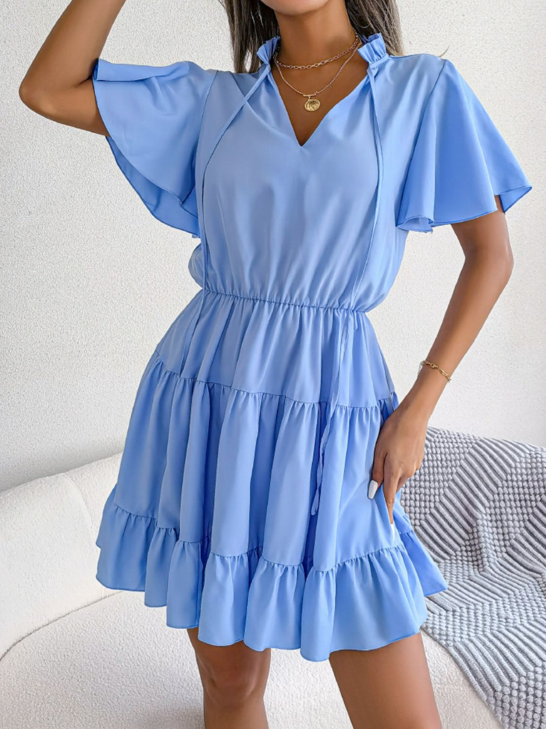 Tie Neck Tiered Flutter Sleeve Mini Dress - Dress - Blue - Bella Bourget