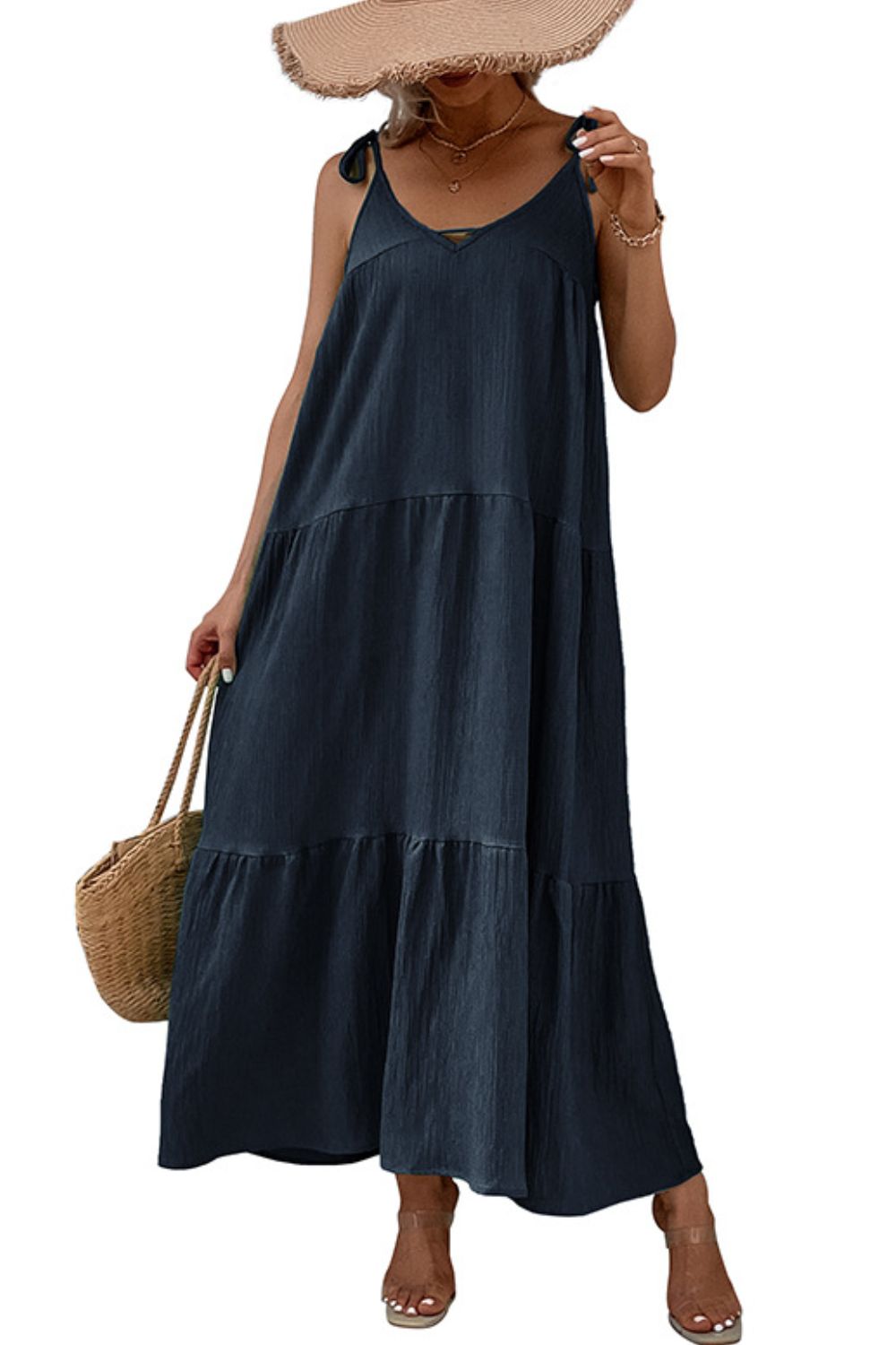 Tie - Shoulder Tiered Maxi Dress - Dress - Dark Navy - Bella Bourget