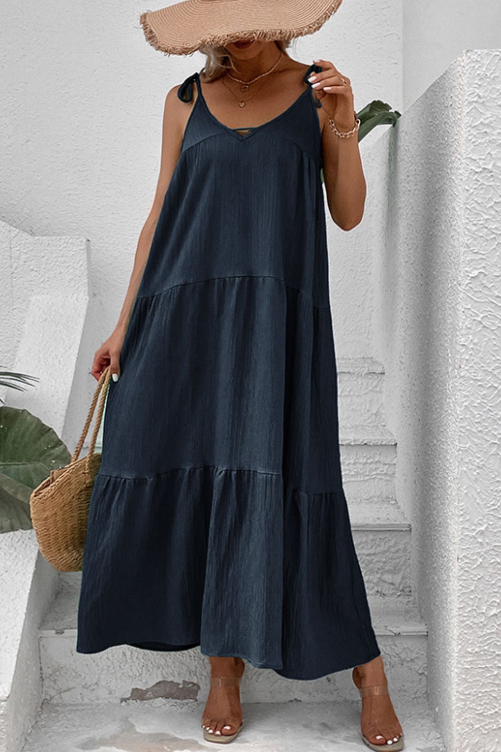 Tie - Shoulder Tiered Maxi Dress - Dress - Dark Navy - Bella Bourget