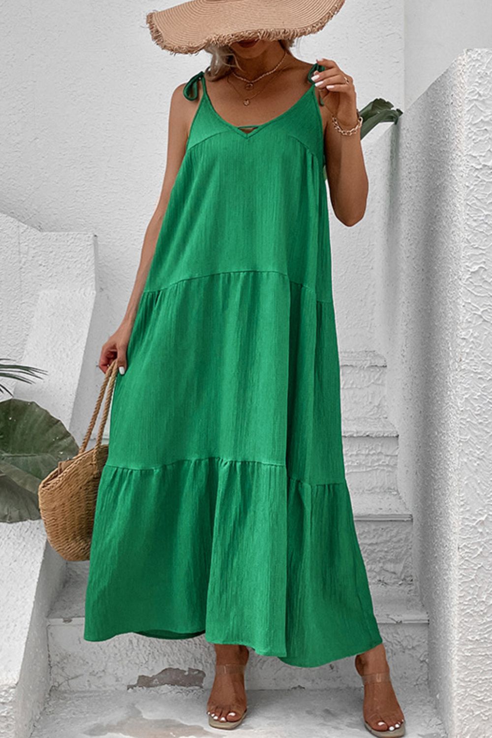 Tie - Shoulder Tiered Maxi Dress - Dress - Mid Green - Bella Bourget