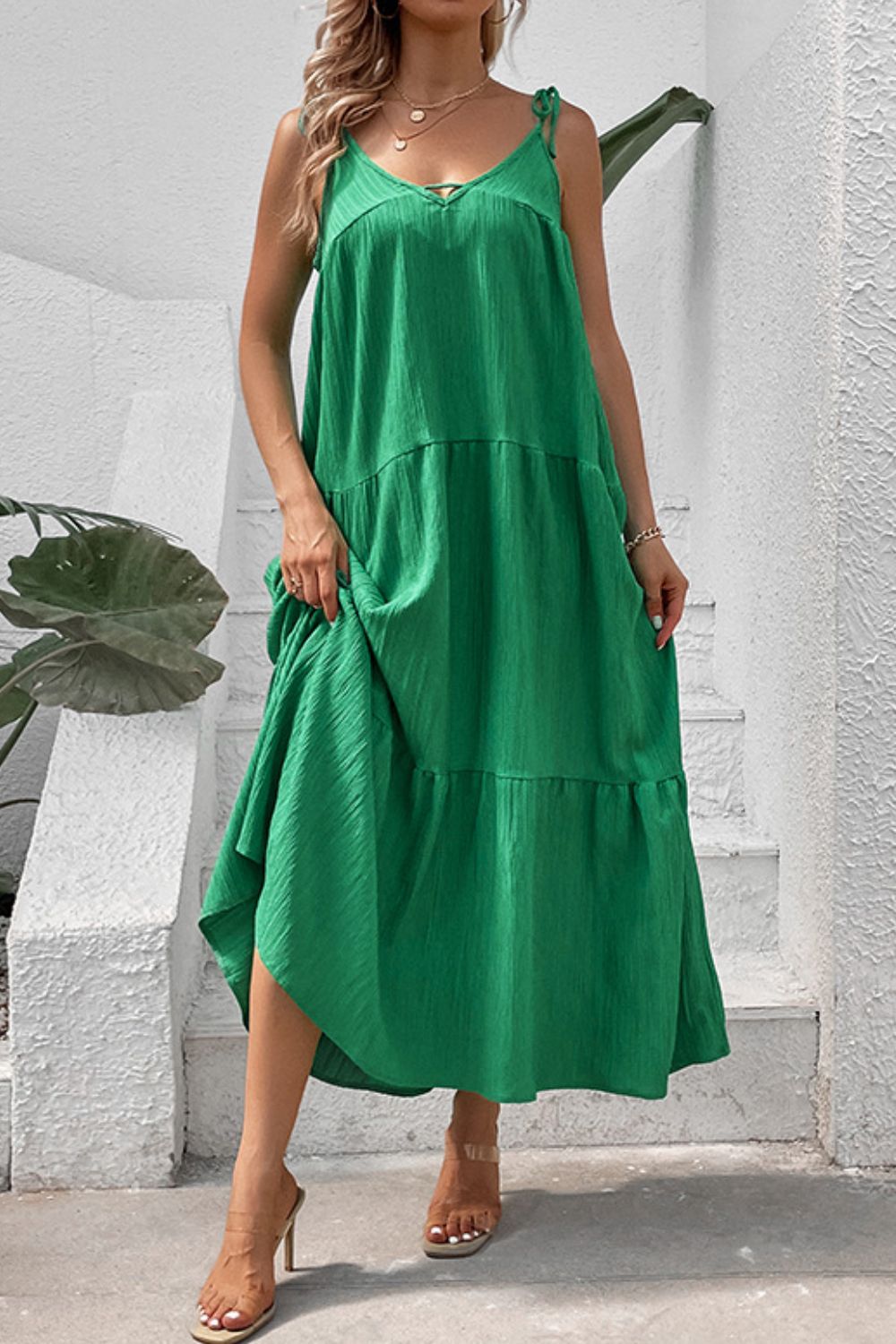 Tie - Shoulder Tiered Maxi Dress - Dress - Mid Green - Bella Bourget