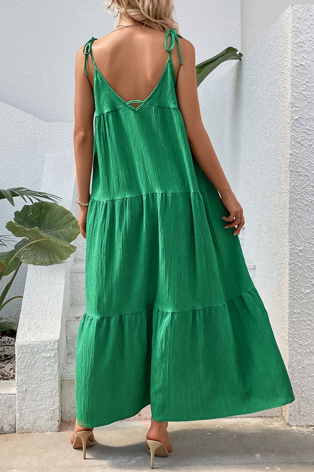 Tie - Shoulder Tiered Maxi Dress - Dress - Mid Green - Bella Bourget