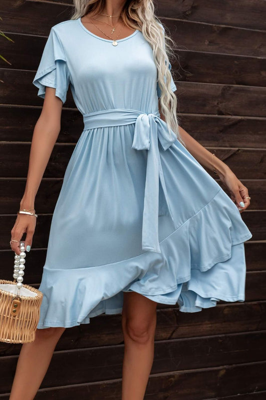 Tie Waist Petal Sleeve Ruffle Hem Dress - Dress - Pastel Blue - Bella Bourget