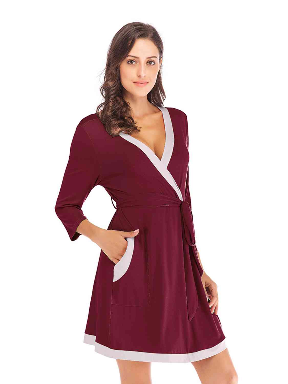 Tie Waist Surplice Neck Robe with Pockets - Robe - Wine - Bella Bourget